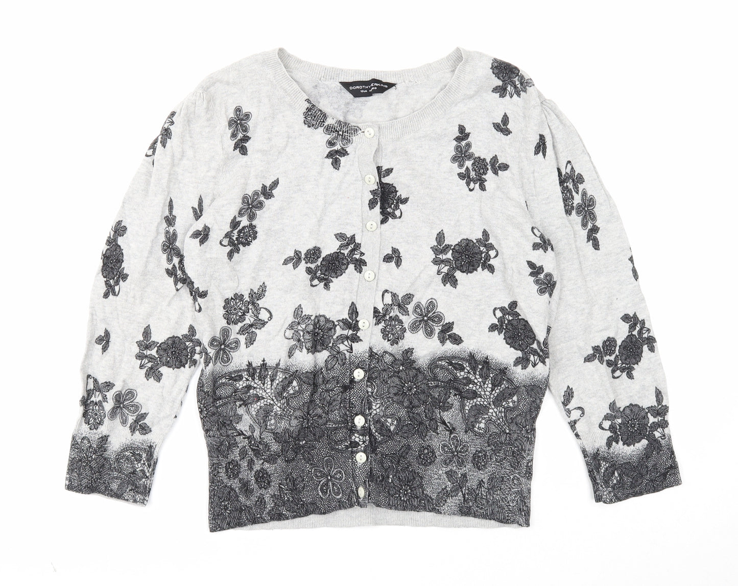 Dorothy Perkins Womens Grey V-Neck Geometric Cotton Cardigan Jumper Size 12 - Lace Detail