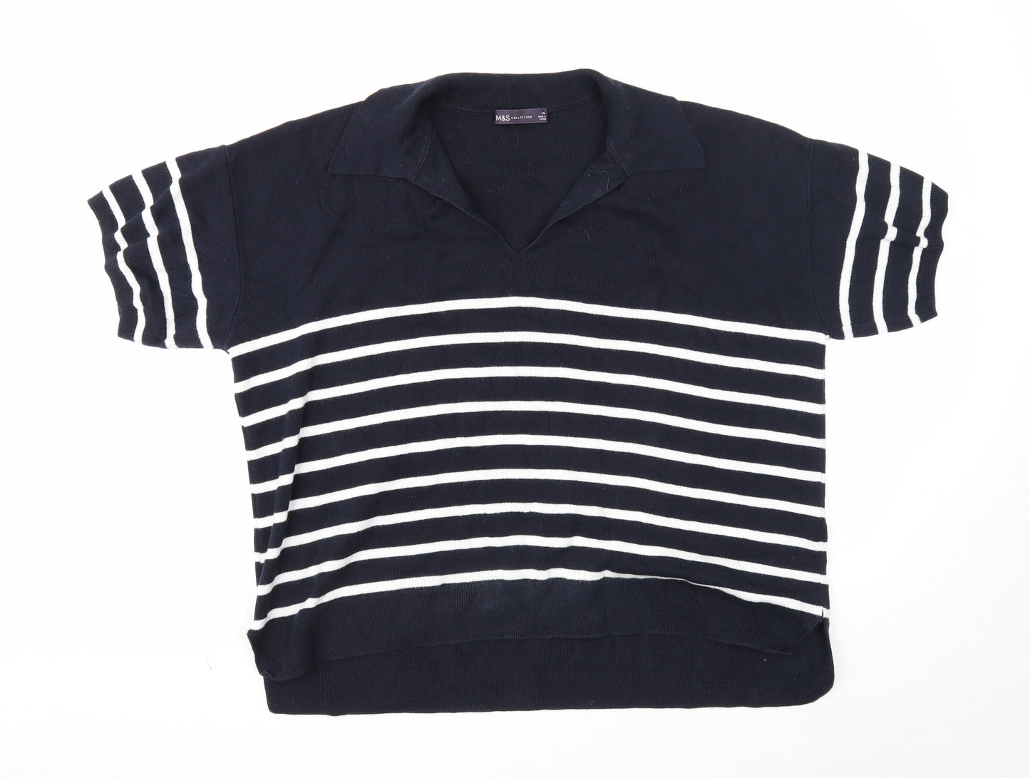 Marks and Spencer Womens Blue V-Neck Striped Cotton Pullover Jumper Size XL