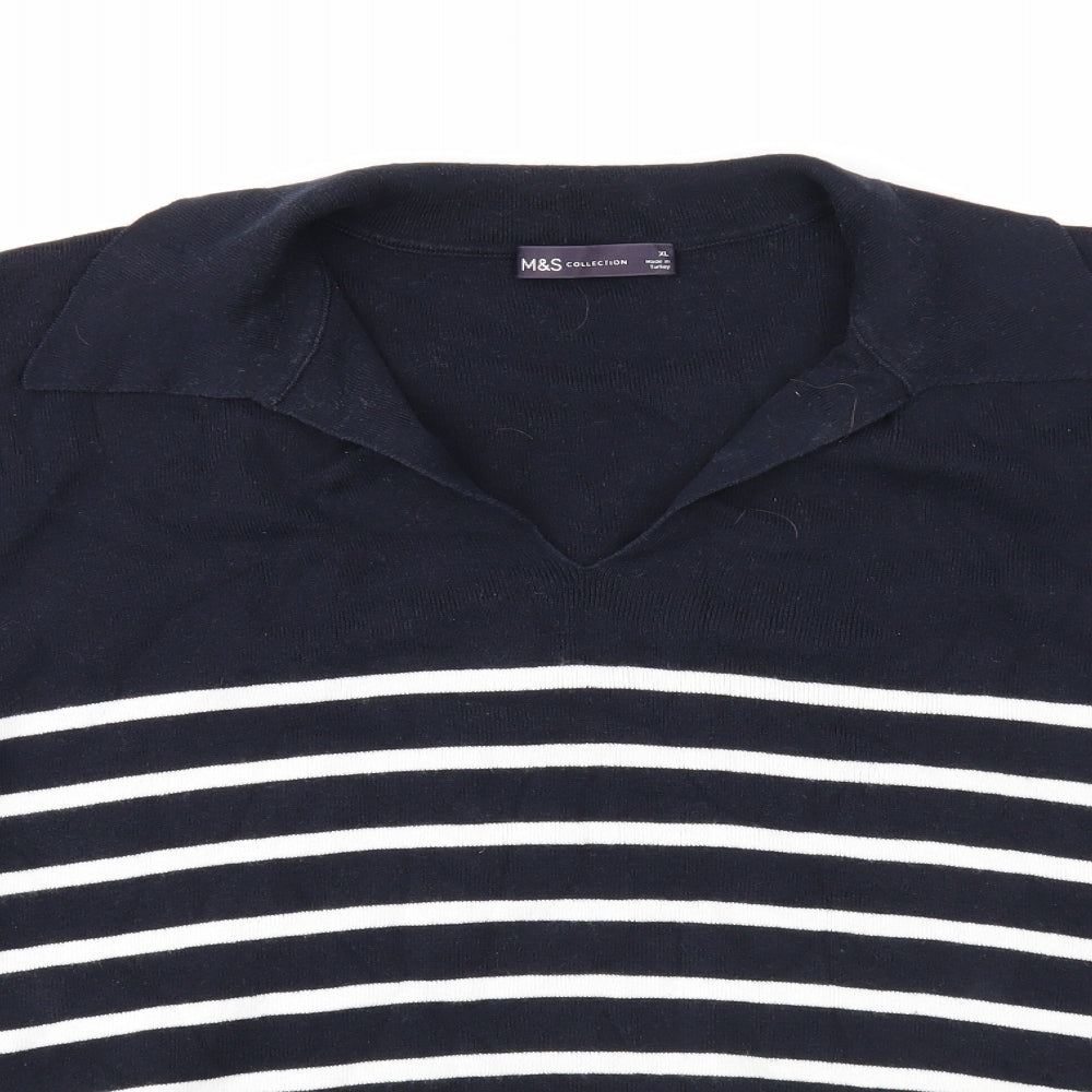 Marks and Spencer Womens Blue V-Neck Striped Cotton Pullover Jumper Size XL