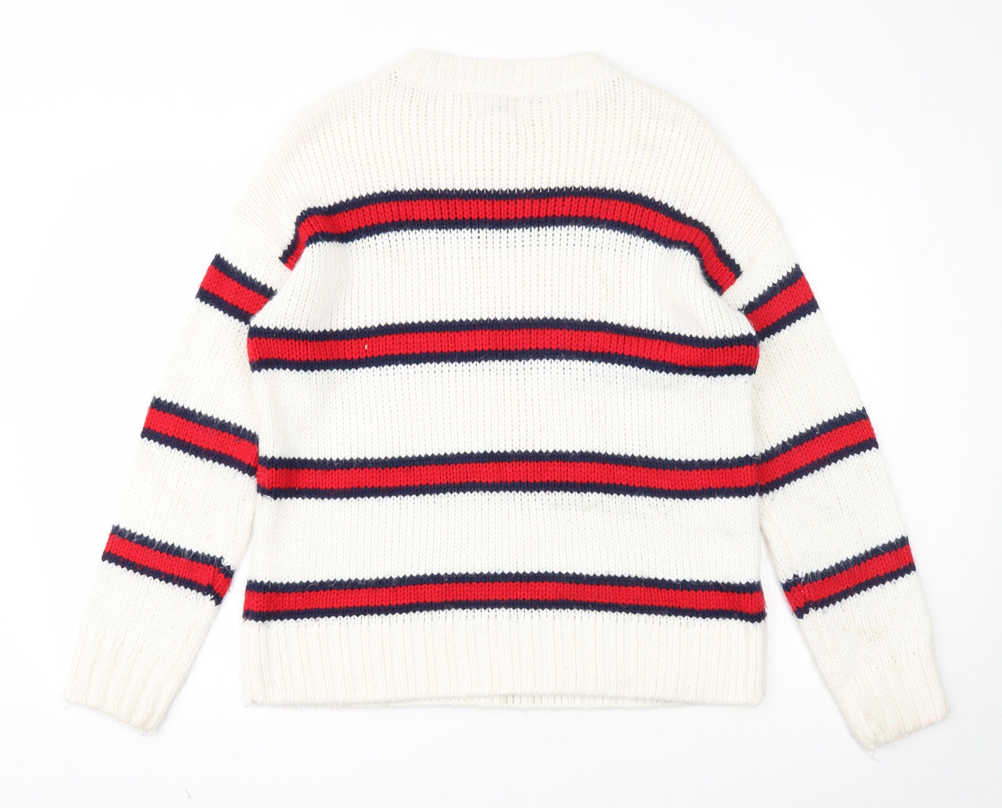 PINK Womens White Round Neck Striped Acrylic Pullover Jumper Size S