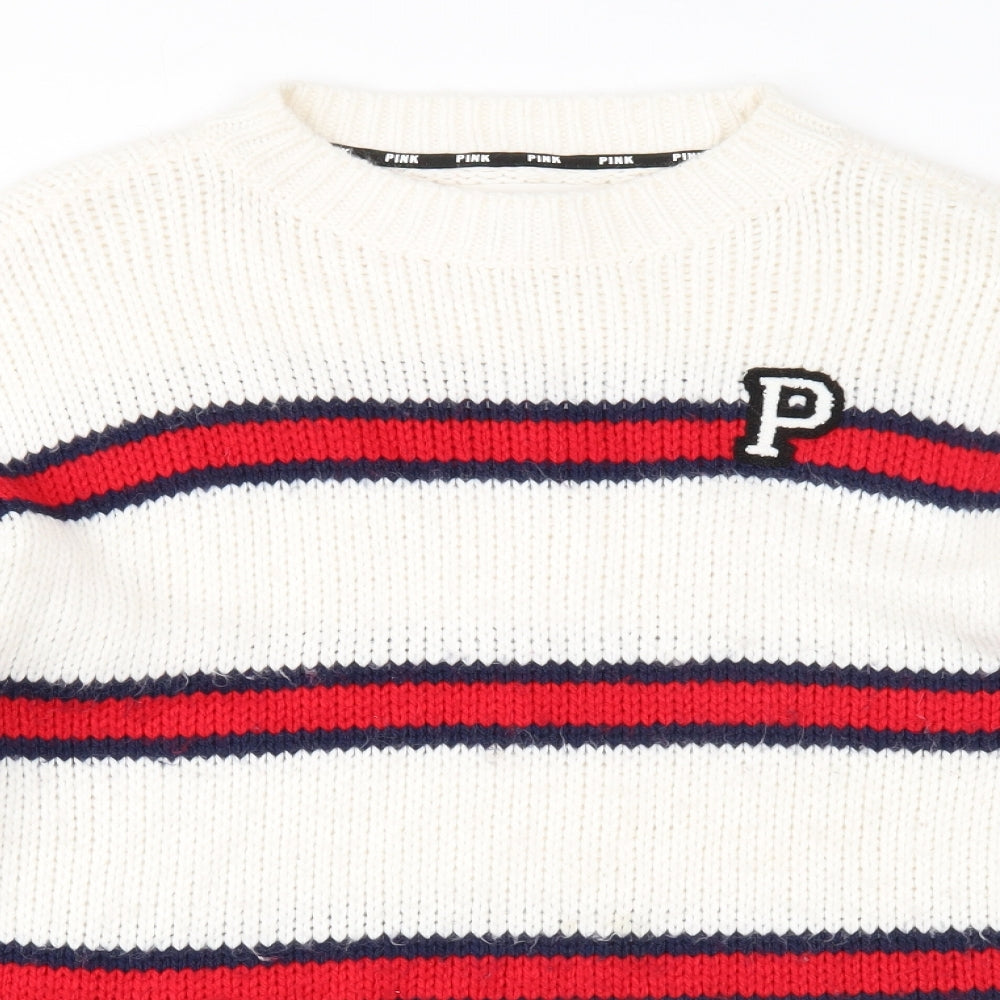 PINK Womens White Round Neck Striped Acrylic Pullover Jumper Size S