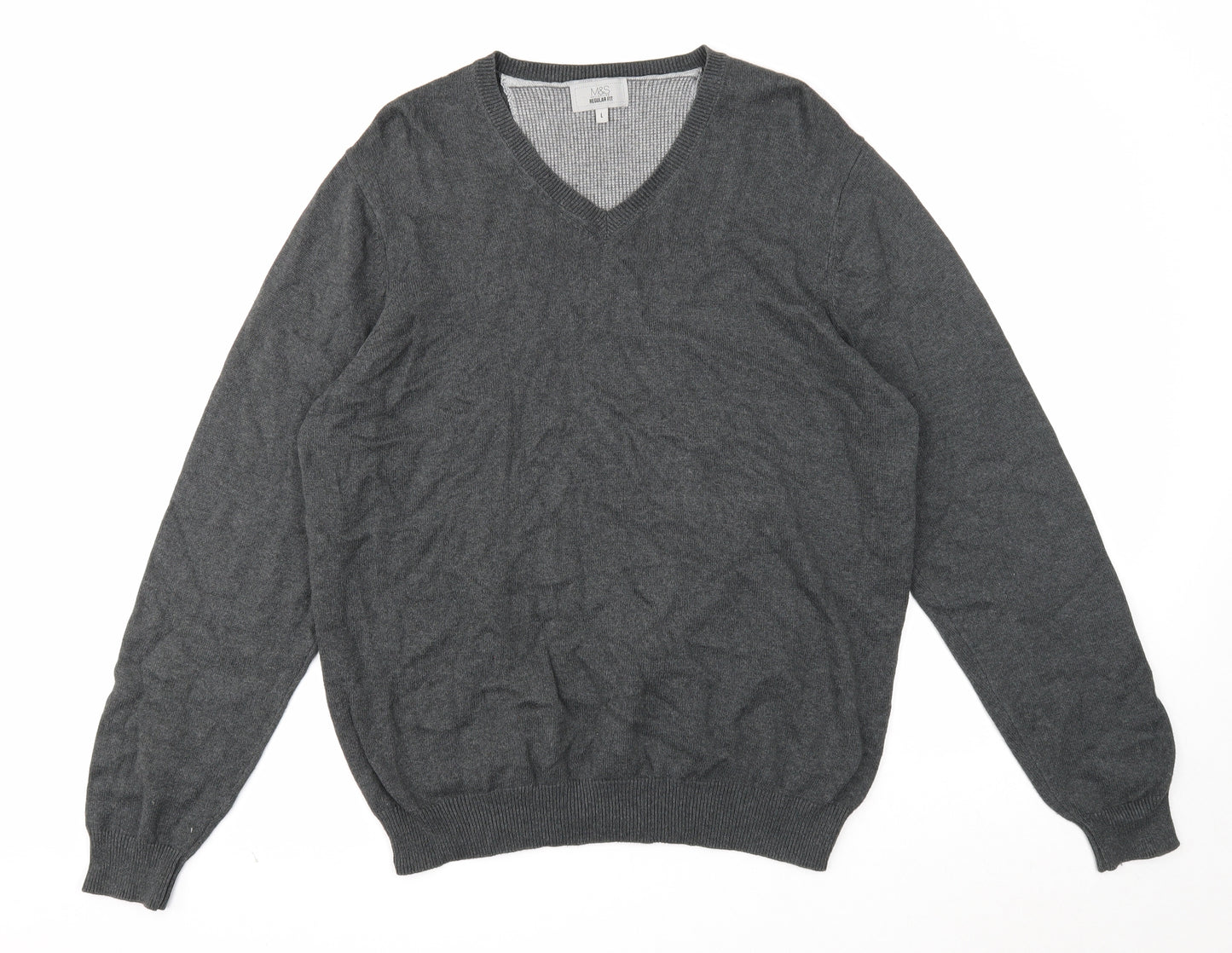 Marks and Spencer Mens Grey V-Neck Cotton Pullover Jumper Size L Long Sleeve