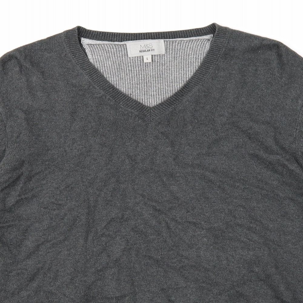 Marks and Spencer Mens Grey V-Neck Cotton Pullover Jumper Size L Long Sleeve