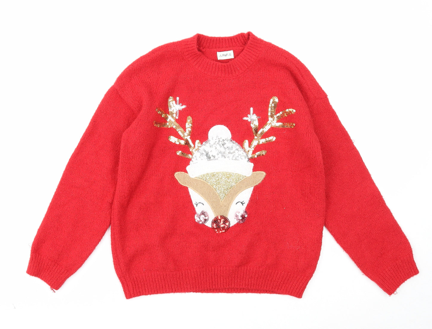 F&F Girls Red Round Neck Polyester Pullover Jumper Size 9-10 Years Pullover - Christmas Reindeer