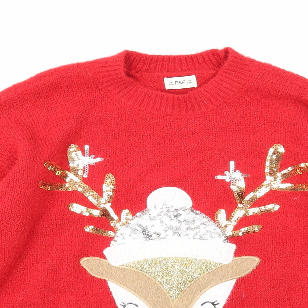 F&F Girls Red Round Neck Polyester Pullover Jumper Size 9-10 Years Pullover - Christmas Reindeer