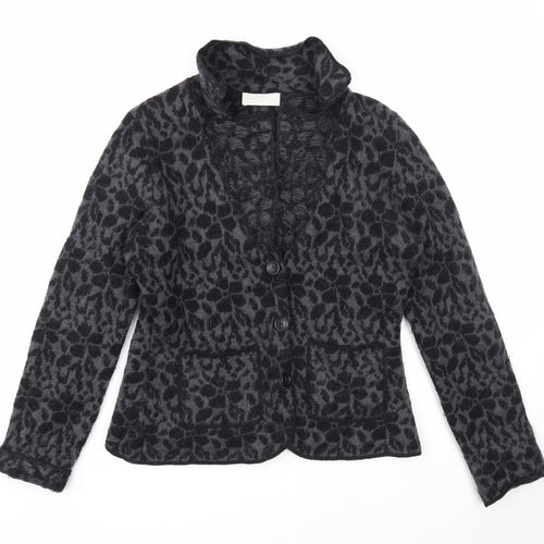Oui Womens Grey V-Neck Geometric Wool Cardigan Jumper Size 12