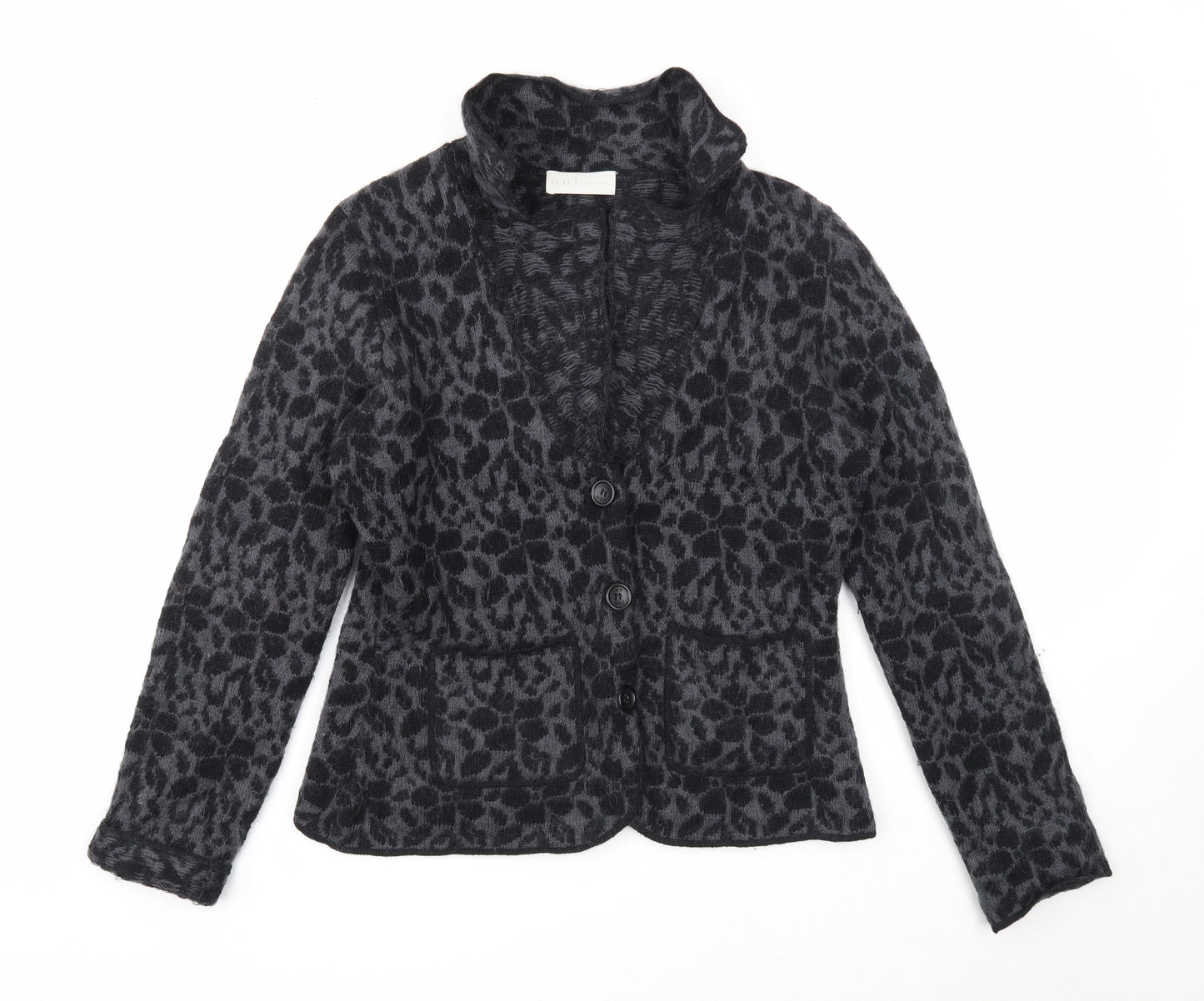 Oui Womens Grey V-Neck Geometric Wool Cardigan Jumper Size 12