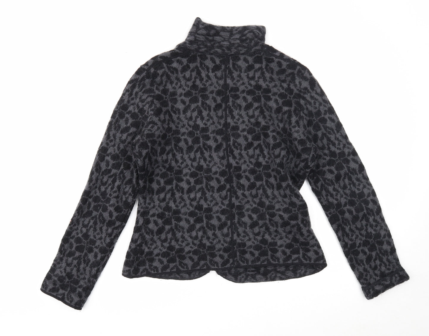 Oui Womens Grey V-Neck Geometric Wool Cardigan Jumper Size 12