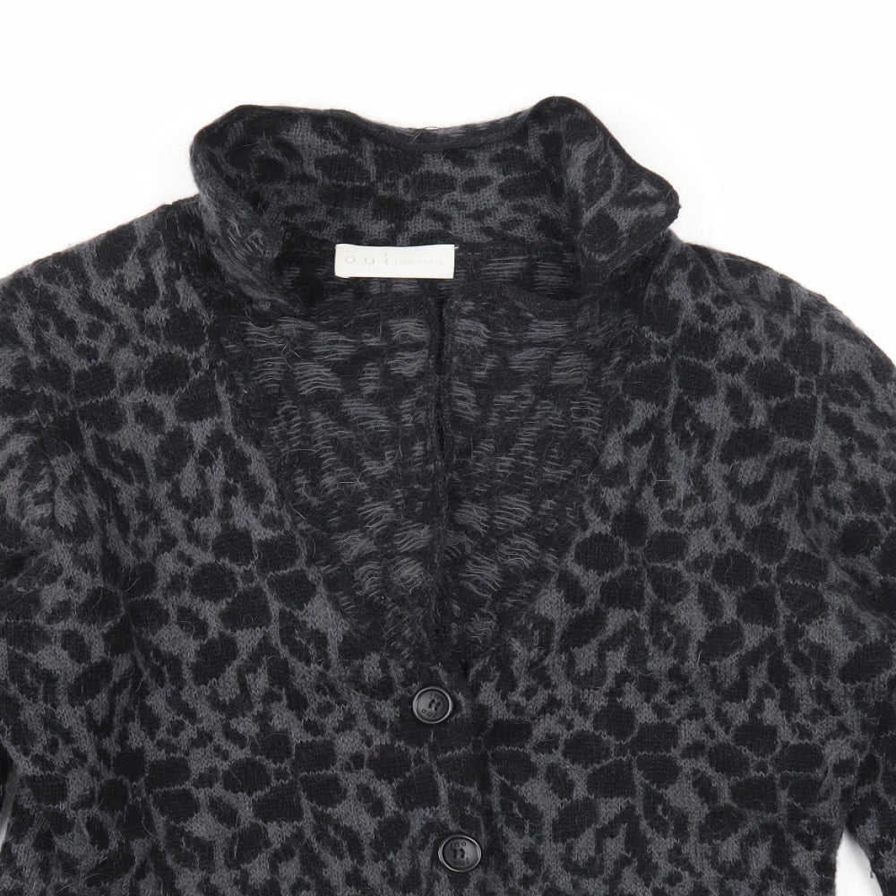 Oui Womens Grey V-Neck Geometric Wool Cardigan Jumper Size 12