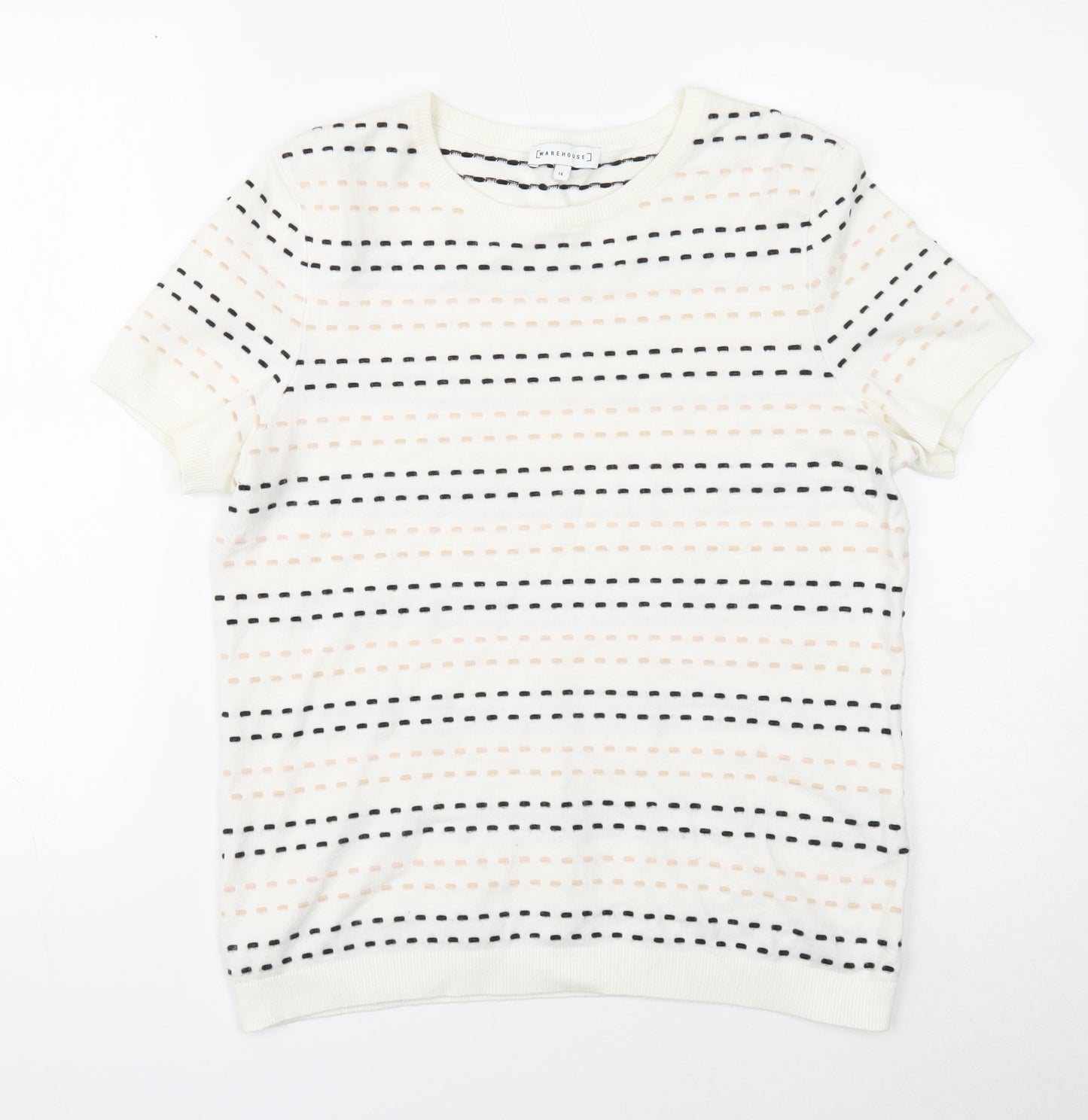 Warehouse Womens White Round Neck Geometric Viscose Pullover Jumper Size 14
