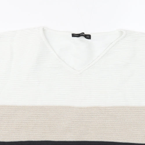 F&F Womens White V-Neck Viscose Pullover Jumper Size 12