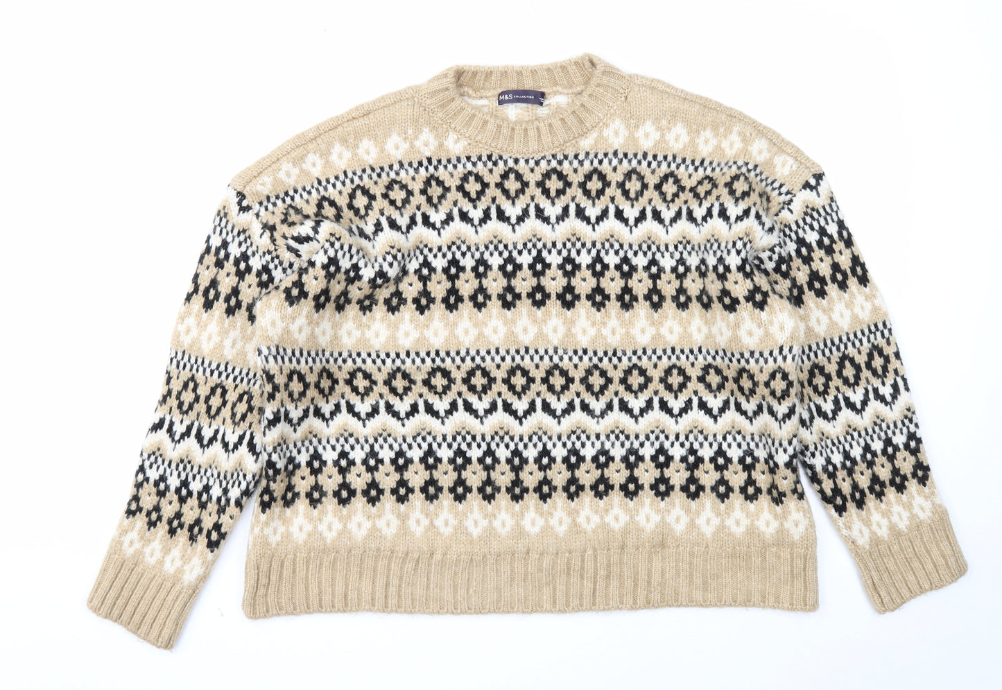 Marks and Spencer Womens Beige Round Neck Fair Isle Acrylic Pullover Jumper Size L