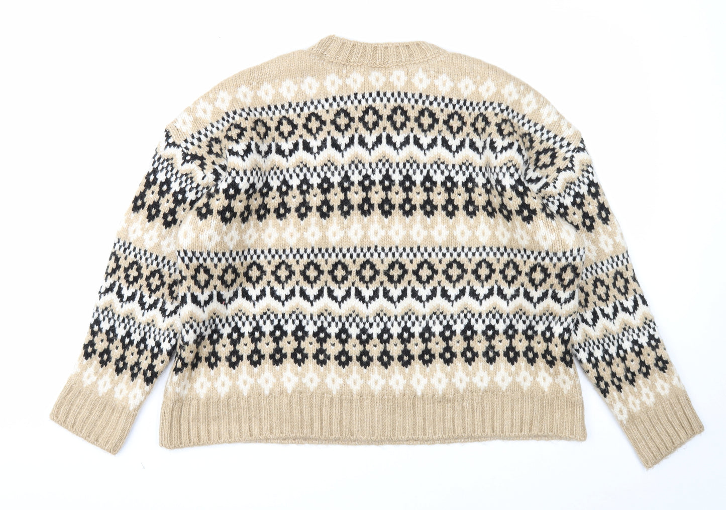 Marks and Spencer Womens Beige Round Neck Fair Isle Acrylic Pullover Jumper Size L