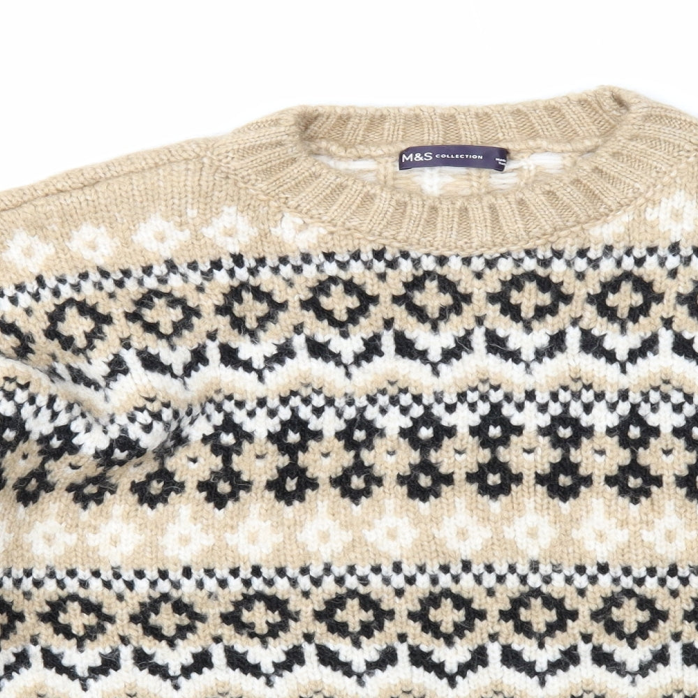 Marks and Spencer Womens Beige Round Neck Fair Isle Acrylic Pullover Jumper Size L