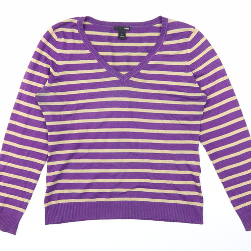 H&M Womens Purple V-Neck Striped Acrylic Pullover Jumper Size L