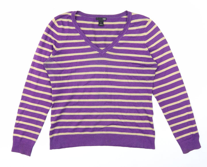 H&M Womens Purple V-Neck Striped Acrylic Pullover Jumper Size L