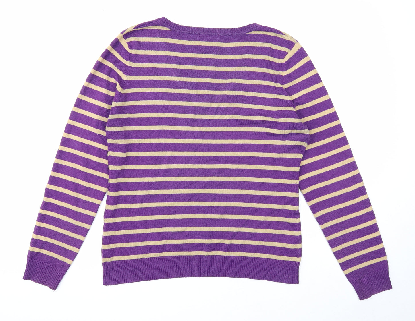 H&M Womens Purple V-Neck Striped Acrylic Pullover Jumper Size L