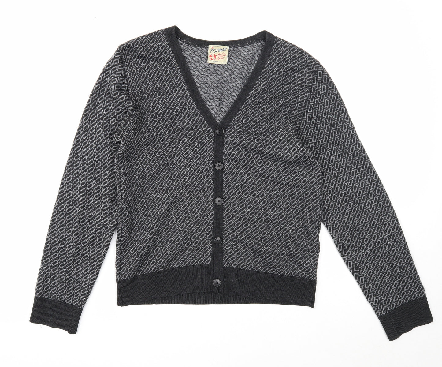 Topman Mens Grey V-Neck Geometric Wool Cardigan Jumper Size S Long Sleeve