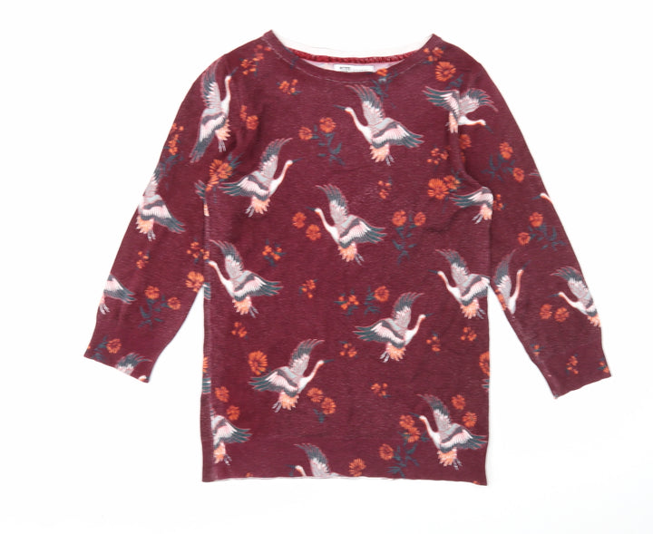 Debenhams Womens Purple Round Neck Floral Viscose Pullover Jumper Size 6 - Bird Pattern