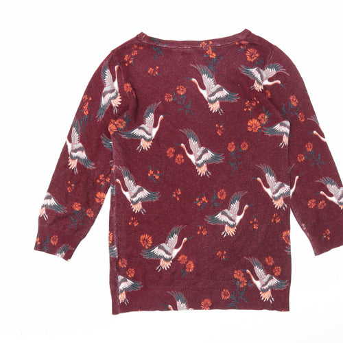 Debenhams Womens Purple Round Neck Floral Viscose Pullover Jumper Size 6 - Bird Pattern