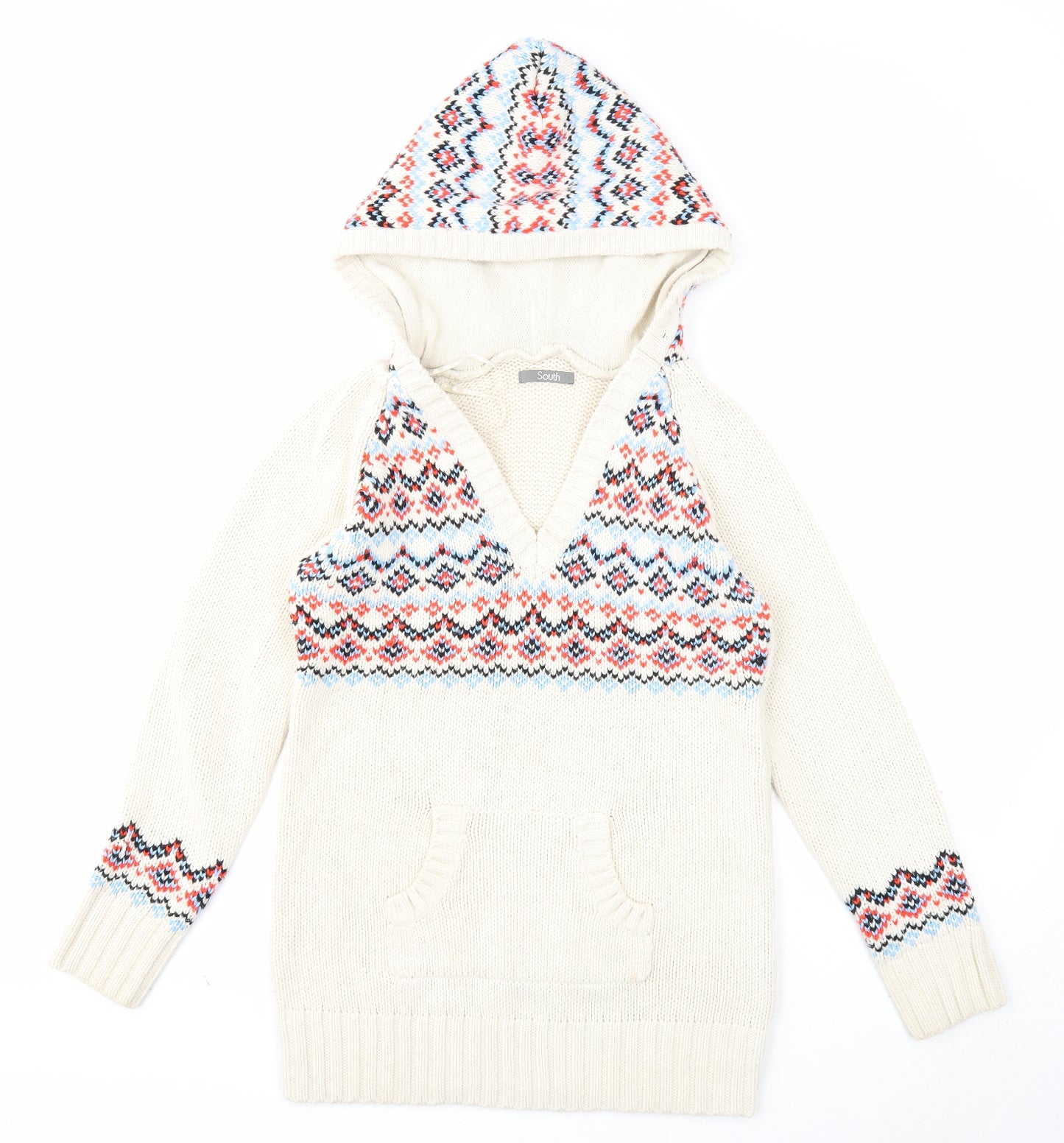 South Womens Beige V-Neck Fair Isle Acrylic Pullover Jumper Size 10