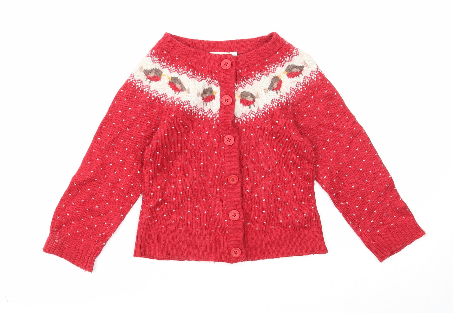 JoJo Maman Girls Red Round Neck Fair Isle Viscose Cardigan Jumper Size 4-5 Years Button - Christmas
