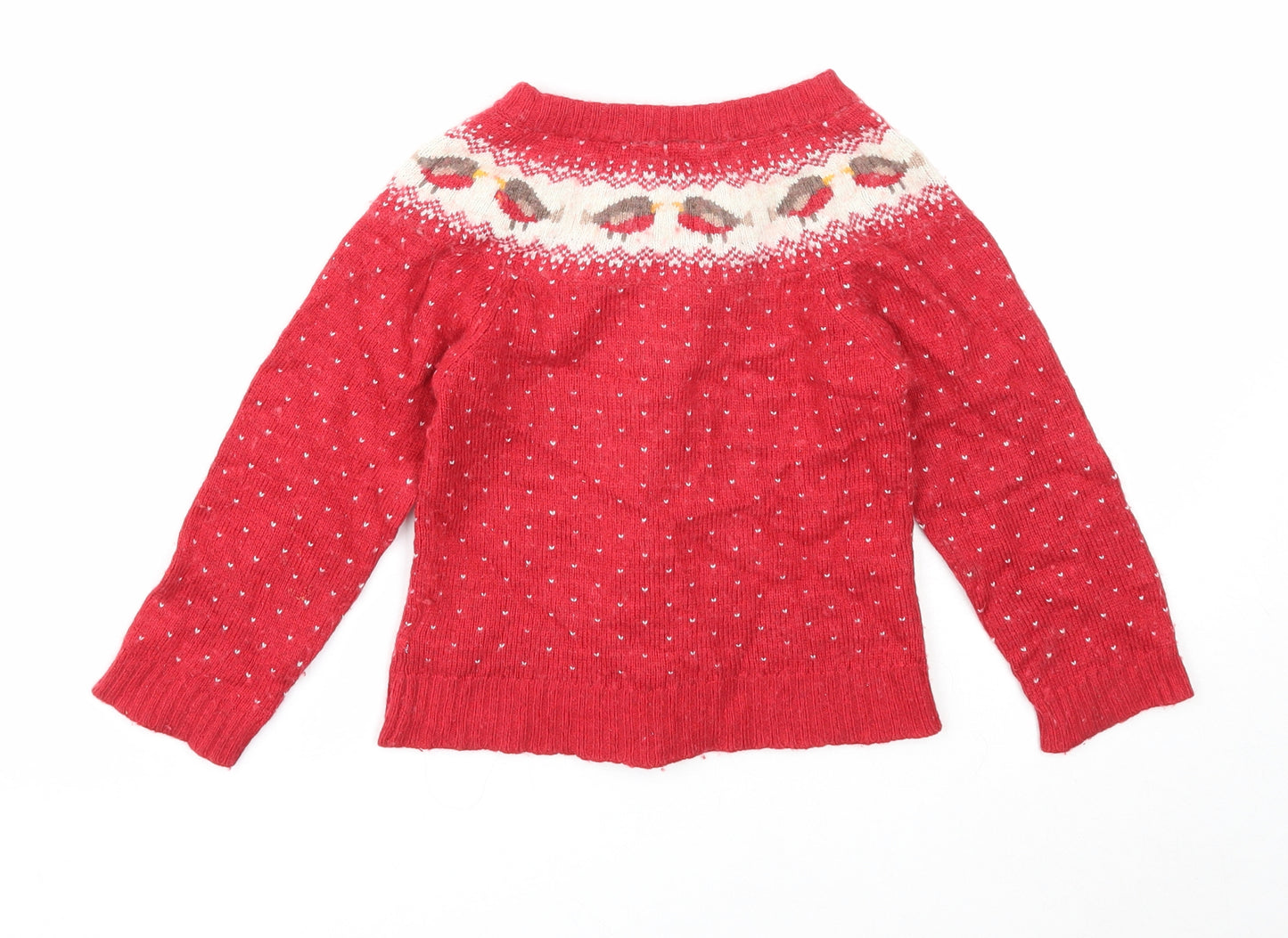 JoJo Maman Girls Red Round Neck Fair Isle Viscose Cardigan Jumper Size 4-5 Years Button - Christmas