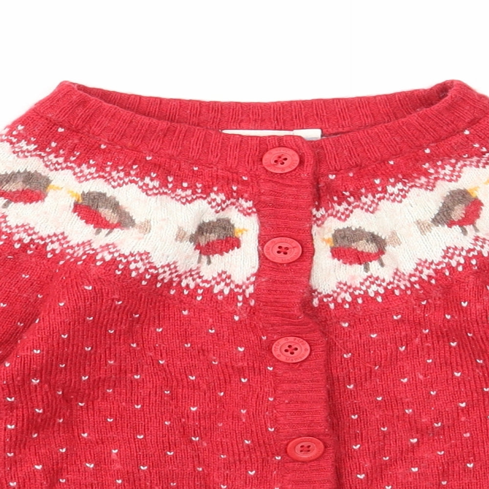 JoJo Maman Girls Red Round Neck Fair Isle Viscose Cardigan Jumper Size 4-5 Years Button - Christmas