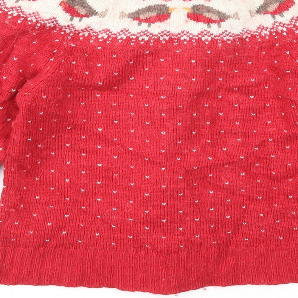 JoJo Maman Girls Red Round Neck Fair Isle Viscose Cardigan Jumper Size 4-5 Years Button - Christmas