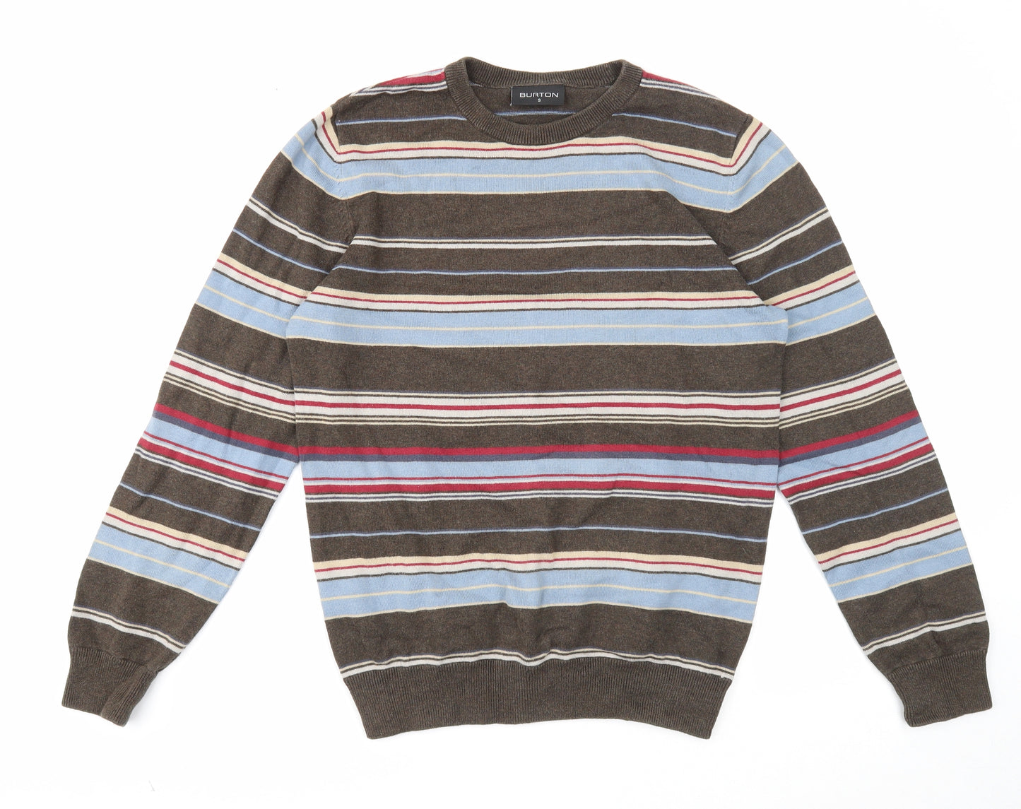 Burton Mens Brown Round Neck Striped Cotton Pullover Jumper Size S Long Sleeve