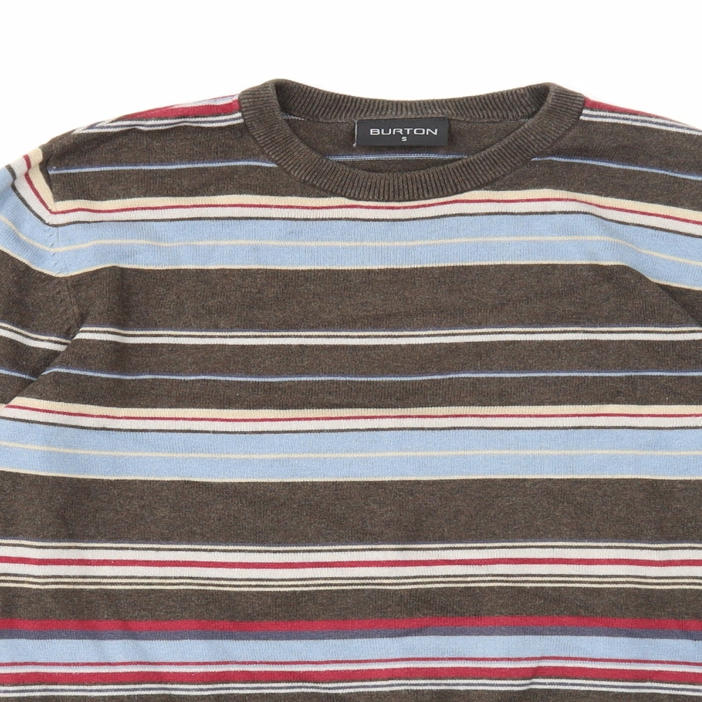 Burton Mens Brown Round Neck Striped Cotton Pullover Jumper Size S Long Sleeve