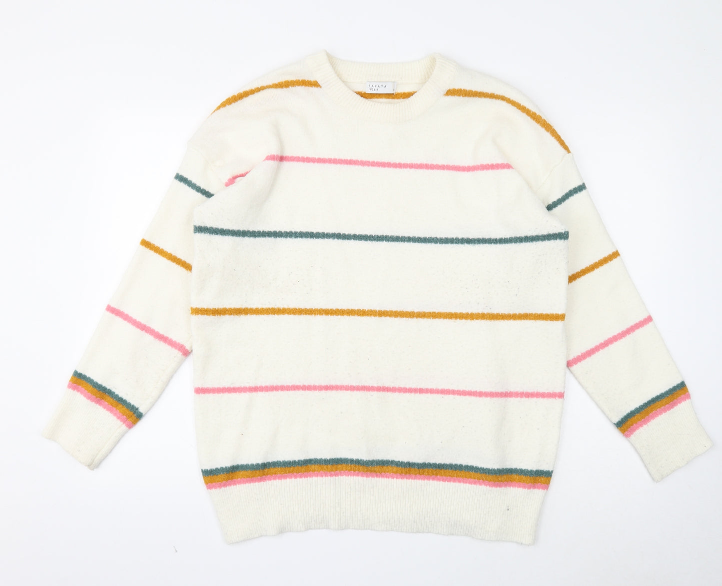 Papaya Womens White Round Neck Striped Acrylic Pullover Jumper Size L