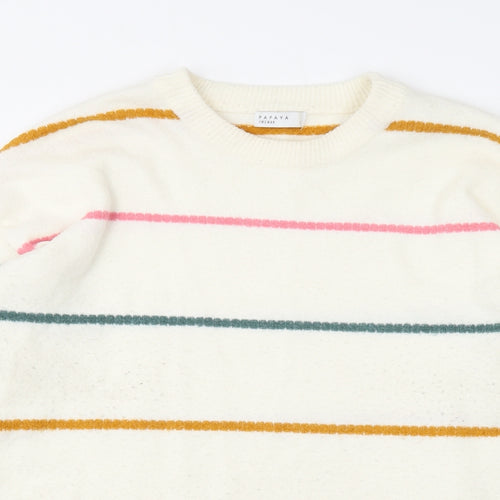 Papaya Womens White Round Neck Striped Acrylic Pullover Jumper Size L