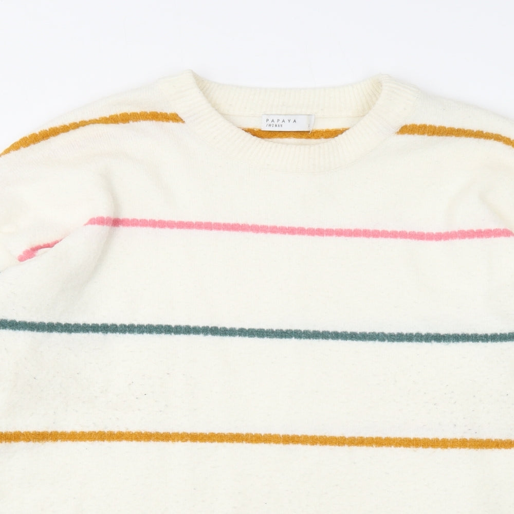 Papaya Womens White Round Neck Striped Acrylic Pullover Jumper Size L