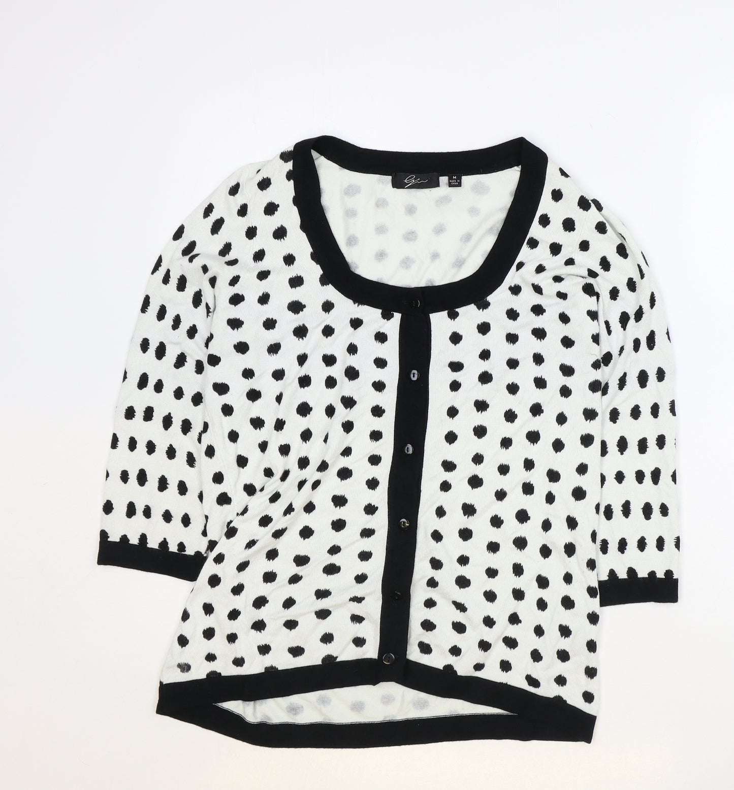 Preworn Womens White Round Neck Polka Dot Rayon Cardigan Jumper Size M