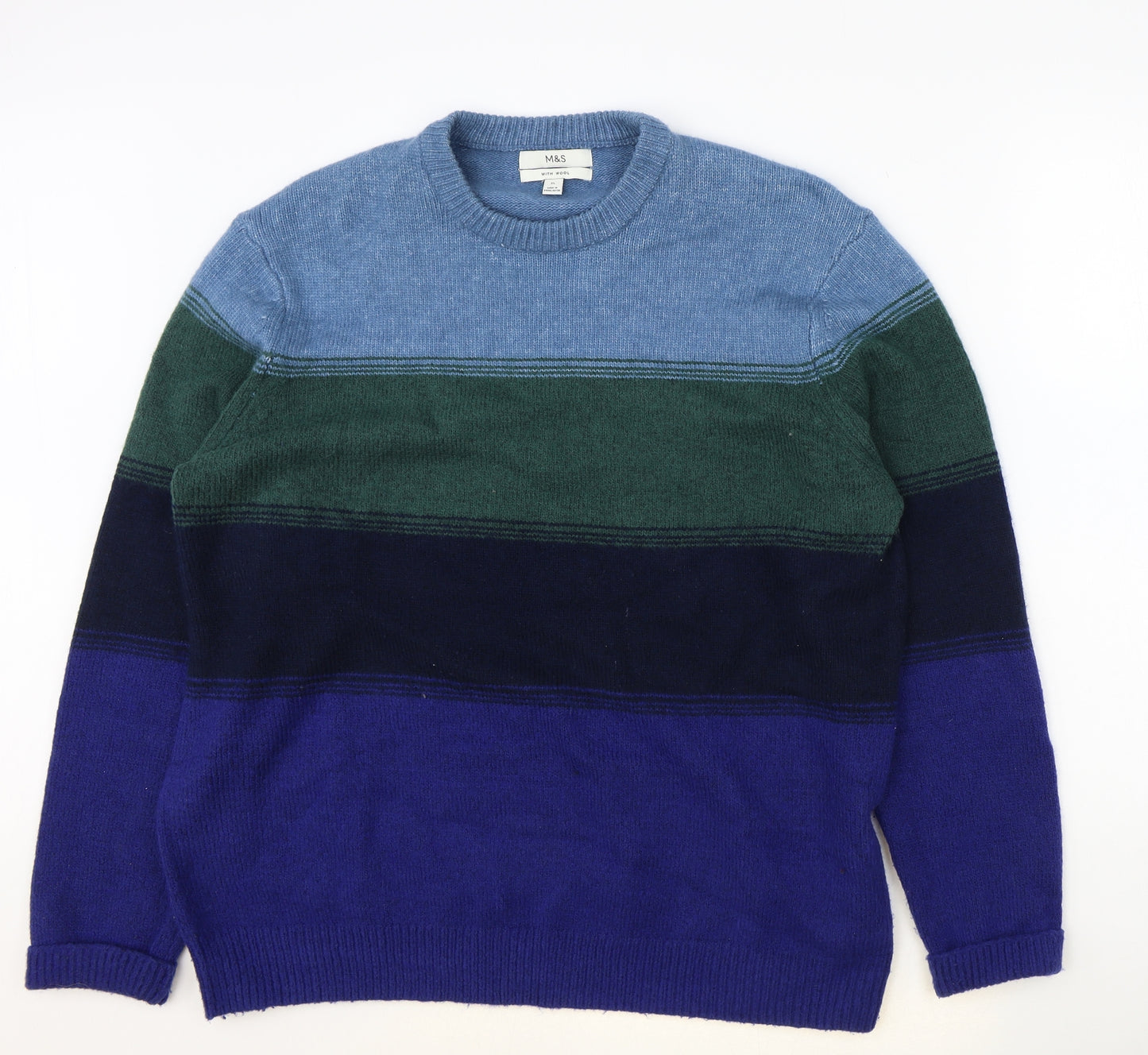 Marks and Spencer Mens Blue Round Neck Striped Wool Pullover Jumper Size XL Long Sleeve