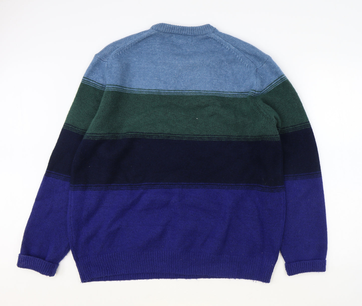 Marks and Spencer Mens Blue Round Neck Striped Wool Pullover Jumper Size XL Long Sleeve