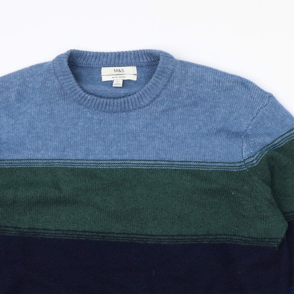 Marks and Spencer Mens Blue Round Neck Striped Wool Pullover Jumper Size XL Long Sleeve