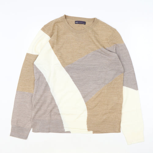 Marks and Spencer Womens Brown Round Neck Acrylic Pullover Jumper Size 12 - Colour Block