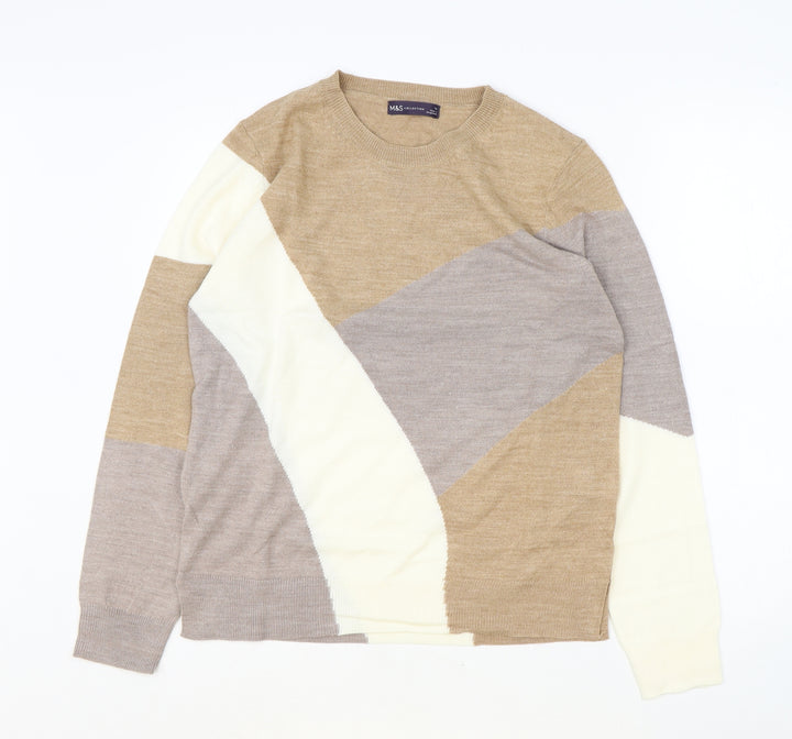 Marks and Spencer Womens Brown Round Neck Acrylic Pullover Jumper Size 12 - Colour Block