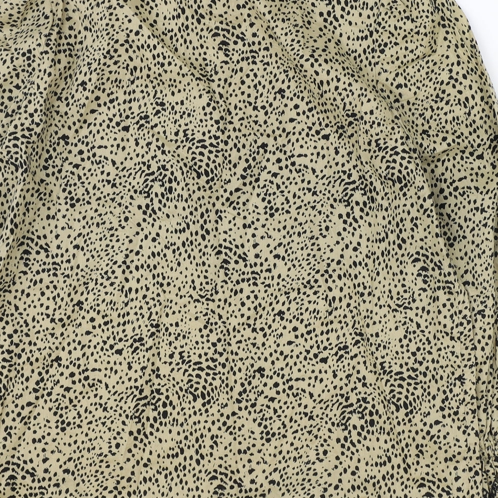 Marks and Spencer Womens Brown Geometric Cotton Basic Blouse Size 12 Scoop Neck - Tie Neck Detail