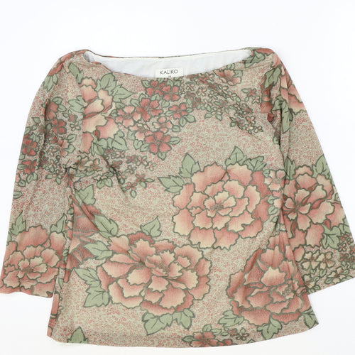 Kaliko Womens Brown Floral Polyester Basic Blouse Size 14 Boat Neck