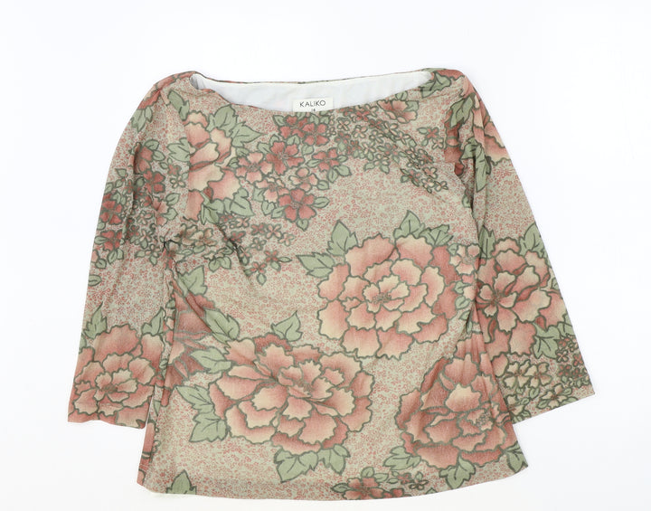 Kaliko Womens Brown Floral Polyester Basic Blouse Size 14 Boat Neck