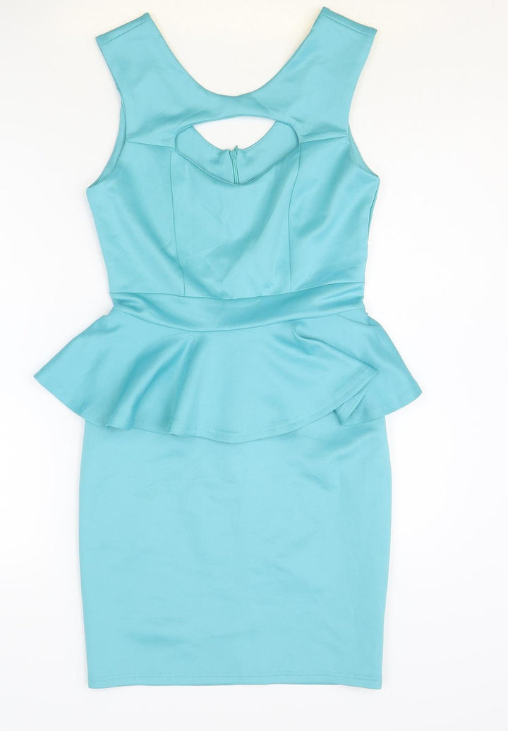 Preworn Womens Blue Polyester Pencil Dress Size M Roll Neck Zip - Peplum