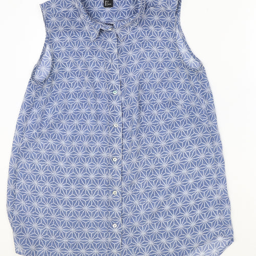 H&M Womens Blue Geometric Polyester Basic Button-Up Size 6 Collared