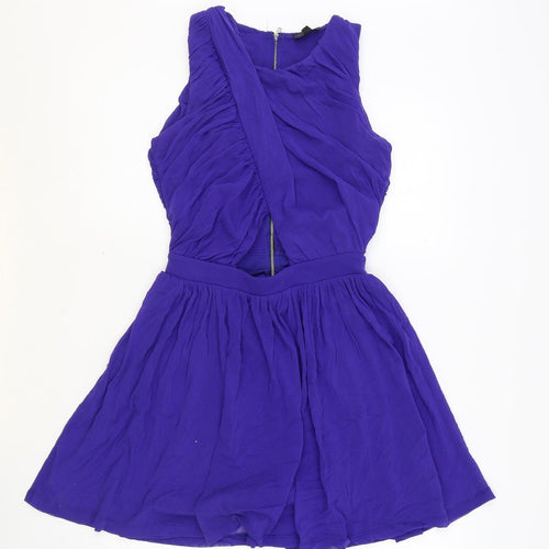 Topshop Womens Blue Nylon Skater Dress Size 8 Round Neck Zip