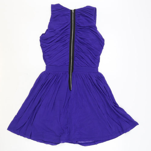 Topshop Womens Blue Nylon Skater Dress Size 8 Round Neck Zip
