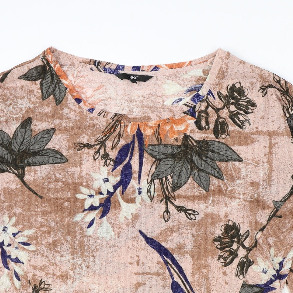 NEXT Womens Brown Floral Polyester Basic T-Shirt Size 14 Round Neck