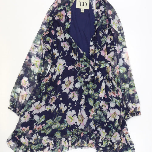 TJD Womens Blue Floral Polyester A-Line Size XS V-Neck Tie