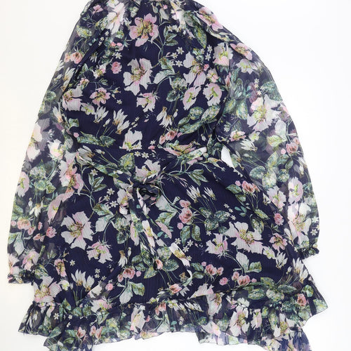 TJD Womens Blue Floral Polyester A-Line Size XS V-Neck Tie